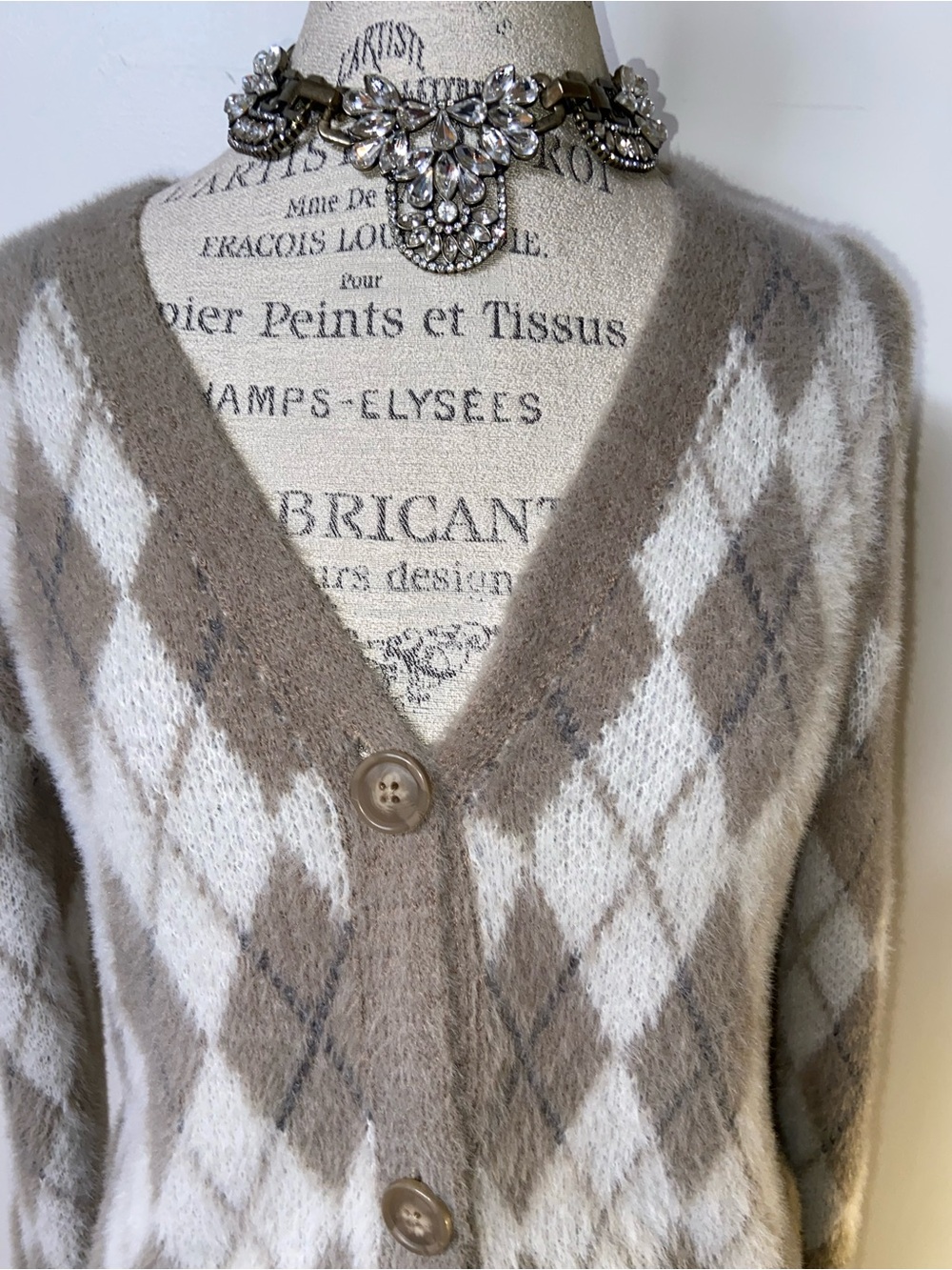 William Rast Taupe and White Argyle V-Neck Cardigan